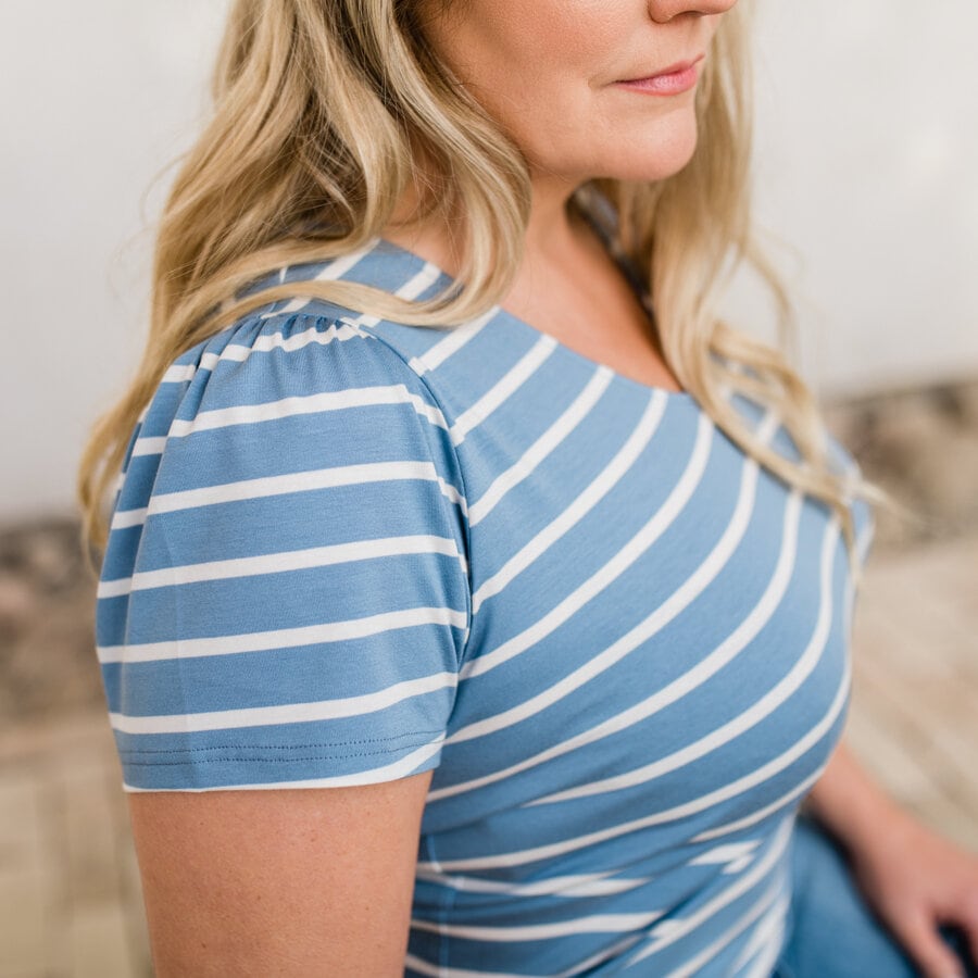 Madison v-neck top - striped light denim