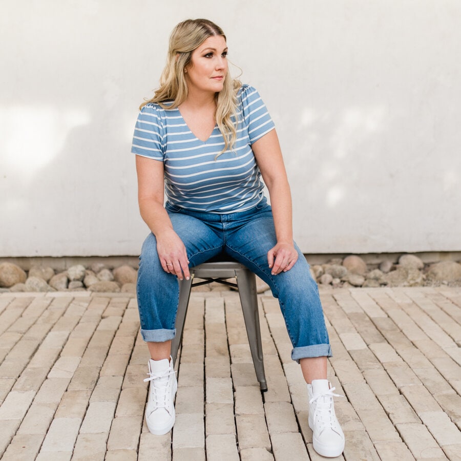 Madison v-neck top - striped light denim